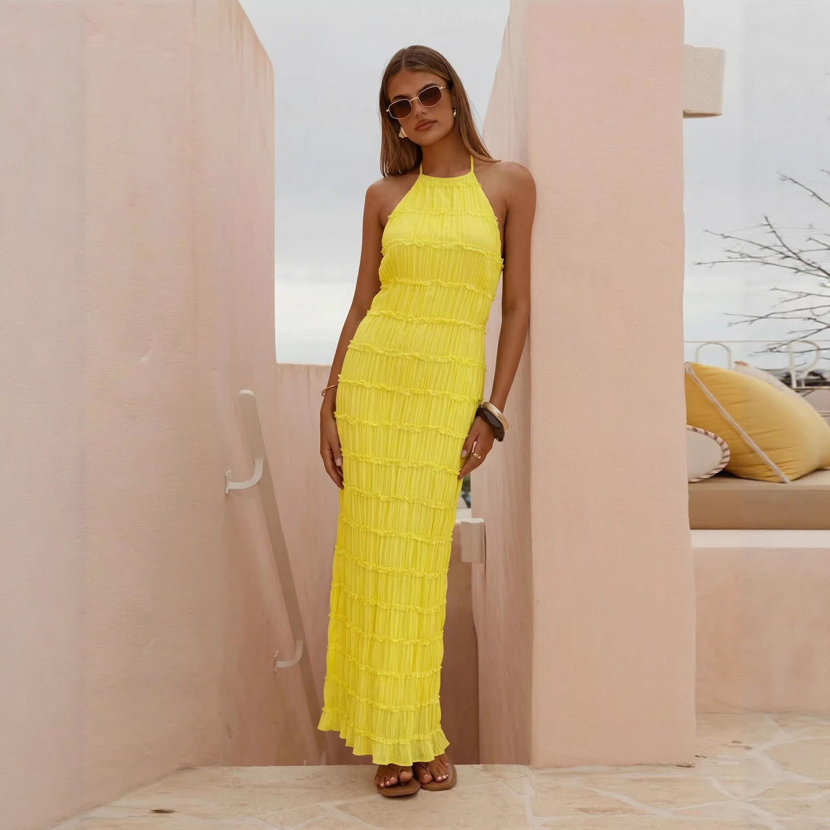 Women Backless Pleated Stripe Fabric Special Dress Breathable Lace up Lotus Leaf Dress VIVIAN