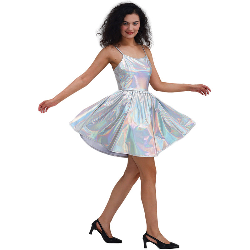 Vestido de lentejuelas con tirantes, de charol bronceado, color liso, sexy, plisado, para mujer