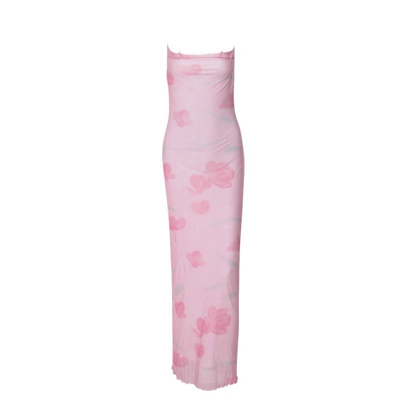 Robe longue à bretelles en maille à imprimé floral et col dénudé pour femme, vêtement d'été sexy et épicé