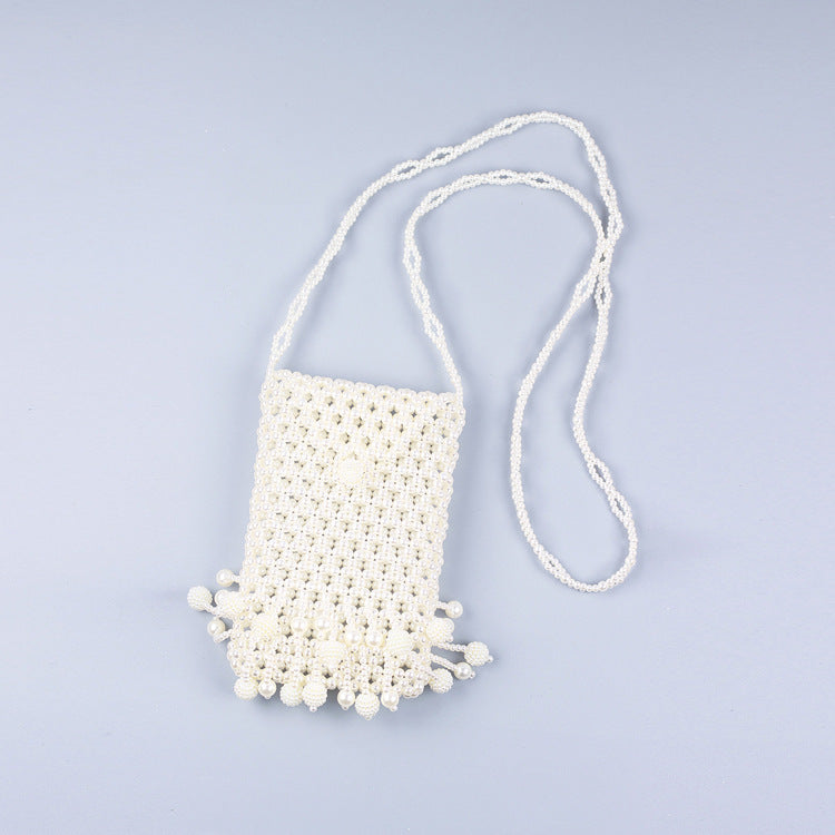 Hand Woven Beads Ethnic Retro Hollow Out Cutout Triangle Buckle Pearl Acrylic Waxberry Tassel Crossbody Phone Bag
