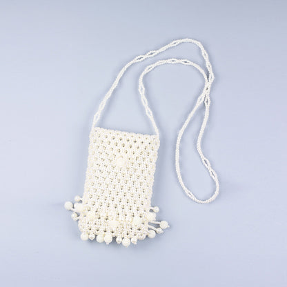 Hand Woven Beads Ethnic Retro Hollow Out Cutout Triangle Buckle Pearl Acrylic Waxberry Tassel Crossbody Phone Bag