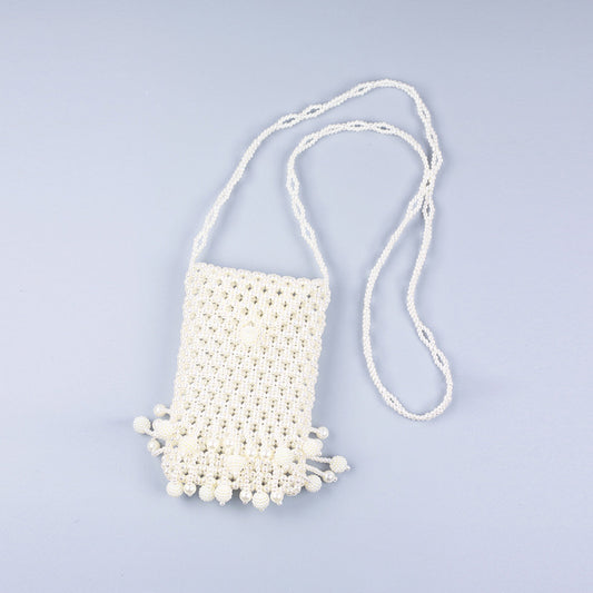 Hand Woven Beads Ethnic Retro Hollow Out Cutout Triangle Buckle Pearl Acrylic Waxberry Tassel Crossbody Phone Bag