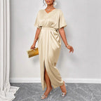 Women Clothing Early Autumn Satin Dress Ball Gown Satin Waist Tight Maxi Dress