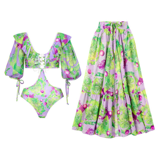 Traje de baño de tres piezas con estampado de vacaciones de primavera sexy con push-up dividido