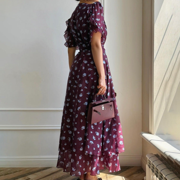 Print French Dress Women V neck Short Sleeve Single Breasted Dress Kigali