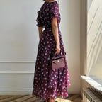 Print French Dress Women V neck Short Sleeve Single Breasted Dress Kigali