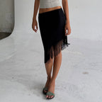 Elegant Sexy Woman Tassel Irregular Asymmetric Low Waist Skirt Retro Street Sexy Hip Mid Skirt LingSharp