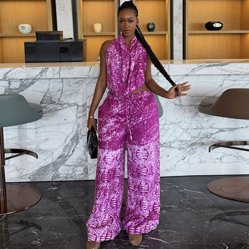 Special Multicolor Women Clothing Loose Pleated Printed Pants Set Swing Collar Summer Outdoor Long Two Piece Set Kinci