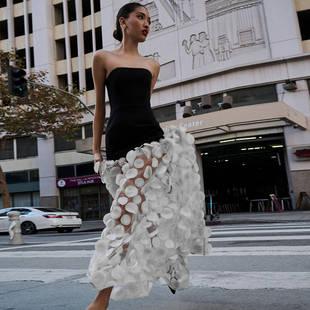 Spring Summer Black White Tube Top Dress Three Dimensional Floral Pettiskirt Dinner Wedding Dress Host Dress Sight
