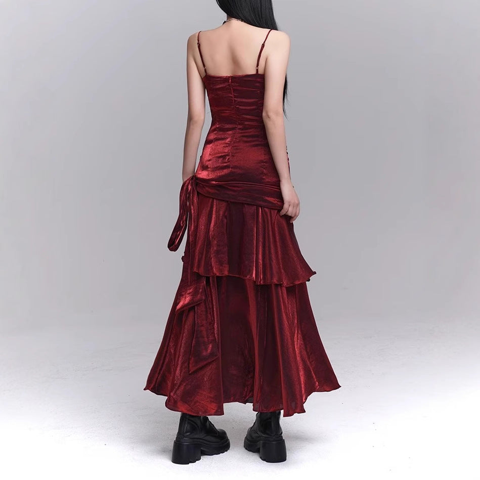 Vestido rojo oscuro con tirantes, vestido de concierto para cumpleaños, vestido de fiesta de alta gama, vestido pequeño