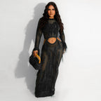 Women Clothing Sexy Handmade Knitted Beach Dress Hollow Out Cutout Out Mink Tassel Maxi Dress MSTYLE