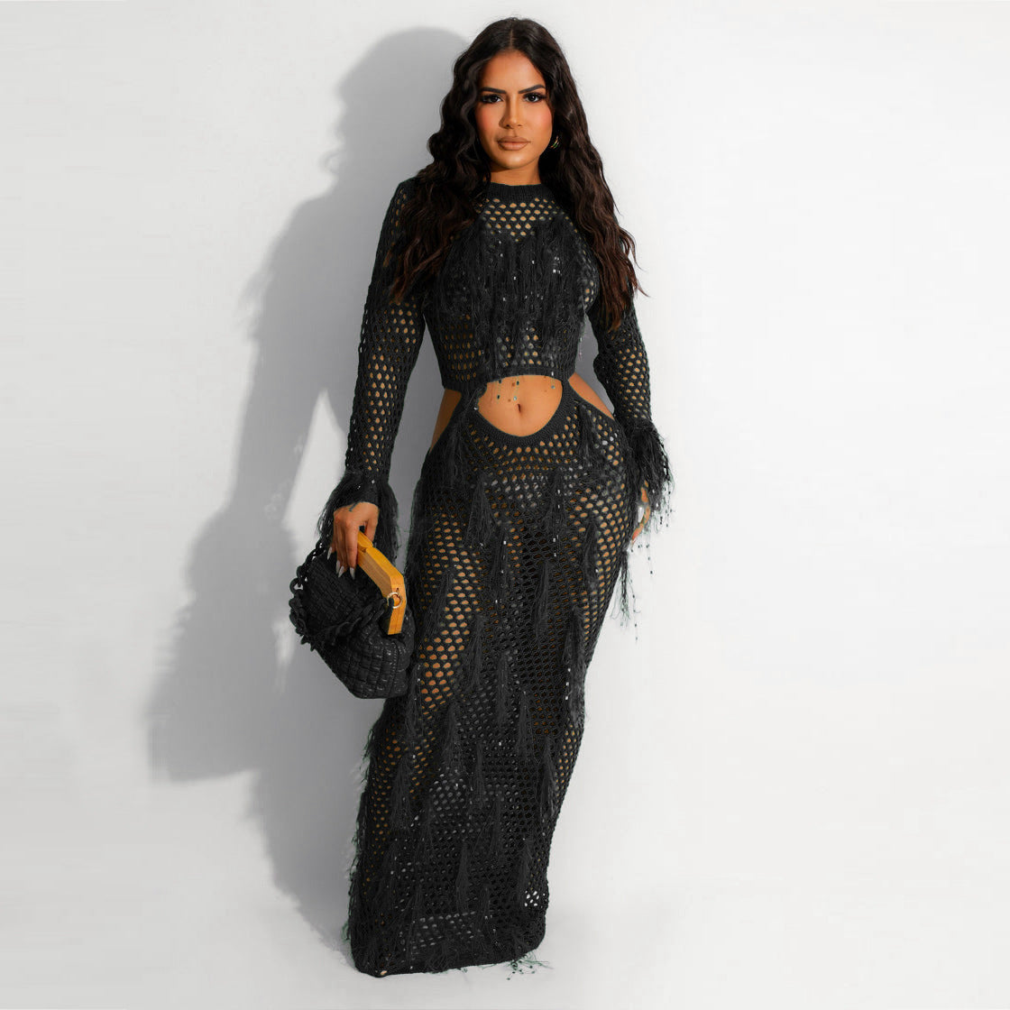 Women Clothing Sexy Handmade Knitted Beach Dress Hollow Out Cutout Out Mink Tassel Maxi Dress MSTYLE