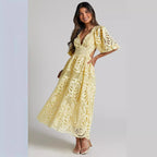 Women Clothing Hollow Out Cutout out Dress Summer V neck Lace Embroidery Sexy Waist Baring Dress DREAMCHIN