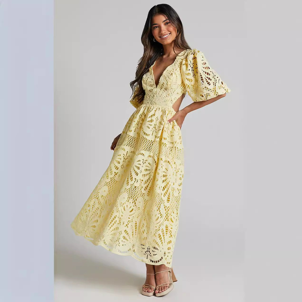 Women Clothing Hollow Out Cutout out Dress Summer V neck Lace Embroidery Sexy Waist Baring Dress DREAMCHIN