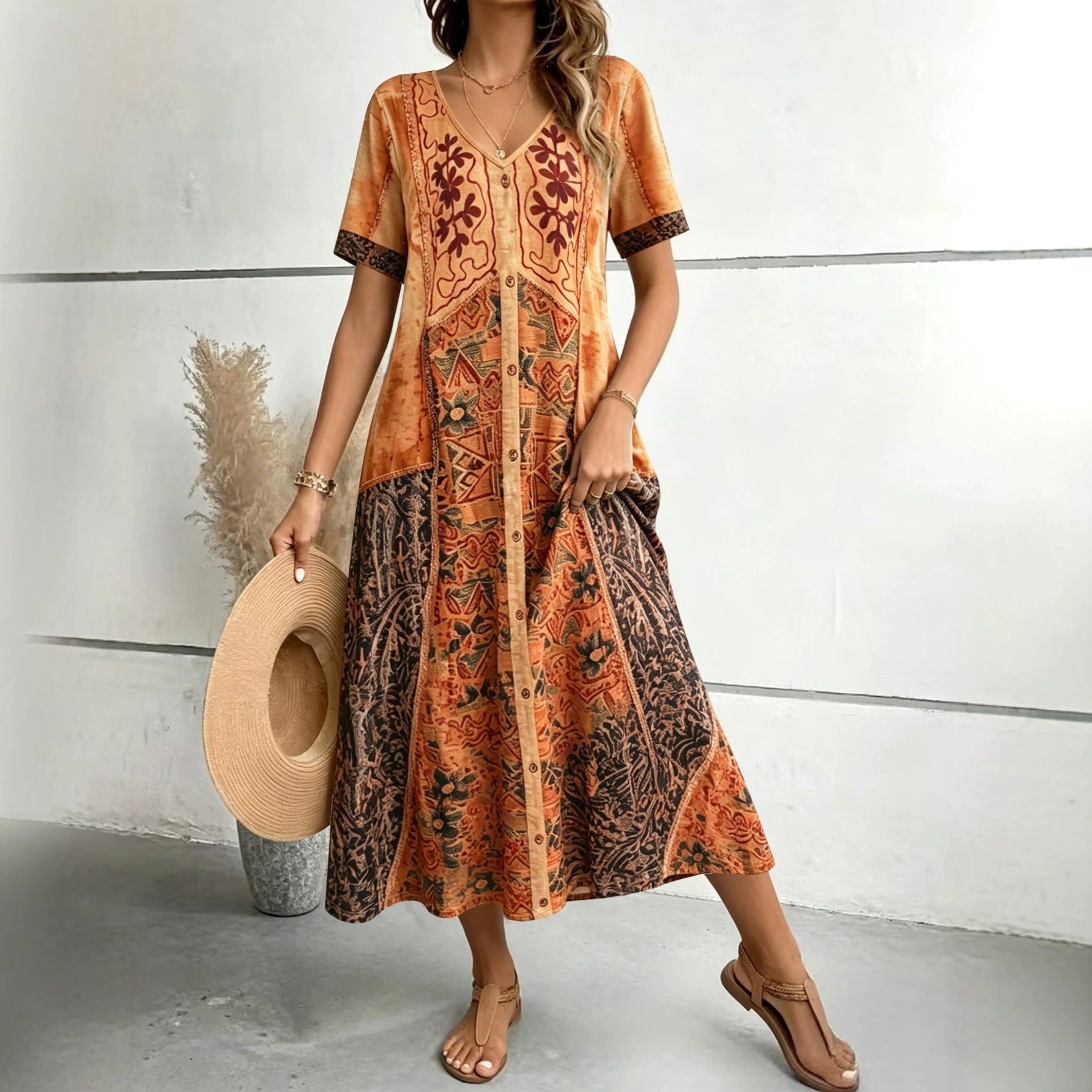 Summer Bohemian Stitching Printing Dress V neck Single Breasted A line Midi Dress Eping