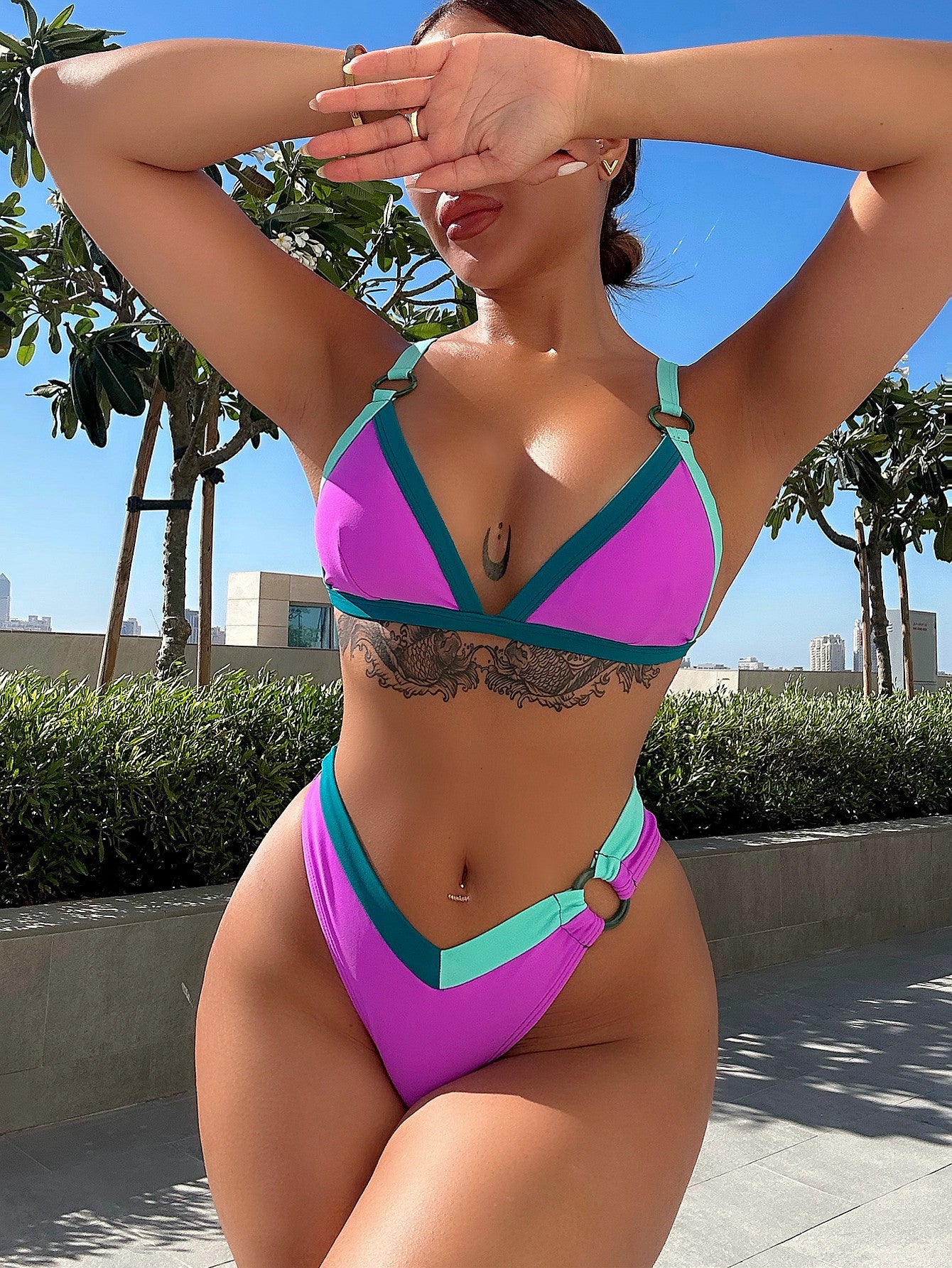 Traje de baño de una pieza con estampado de triángulos para mujer, bikini sexy de color sólido, traje de baño dividido
