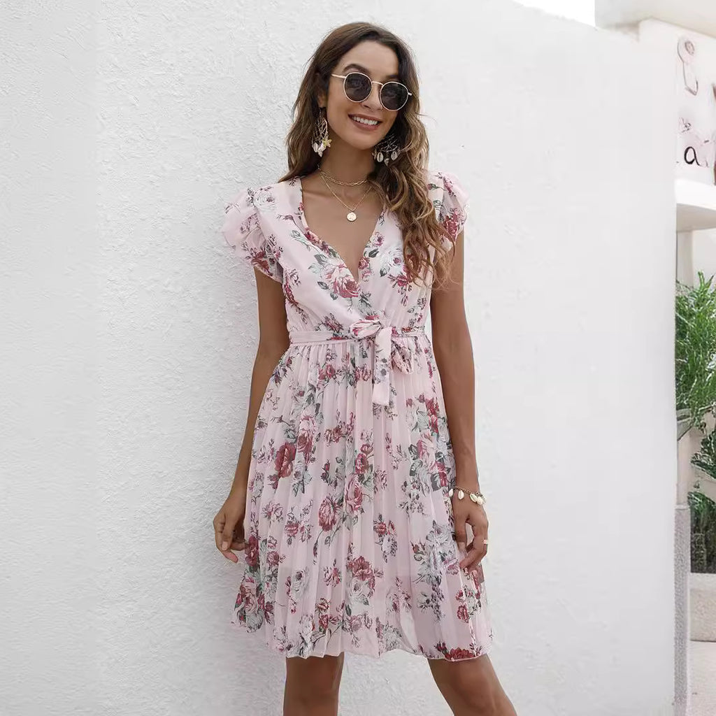 Summer Women Clothing V neck Waist Controlled Lace up Printing Dress NEWMELANCE