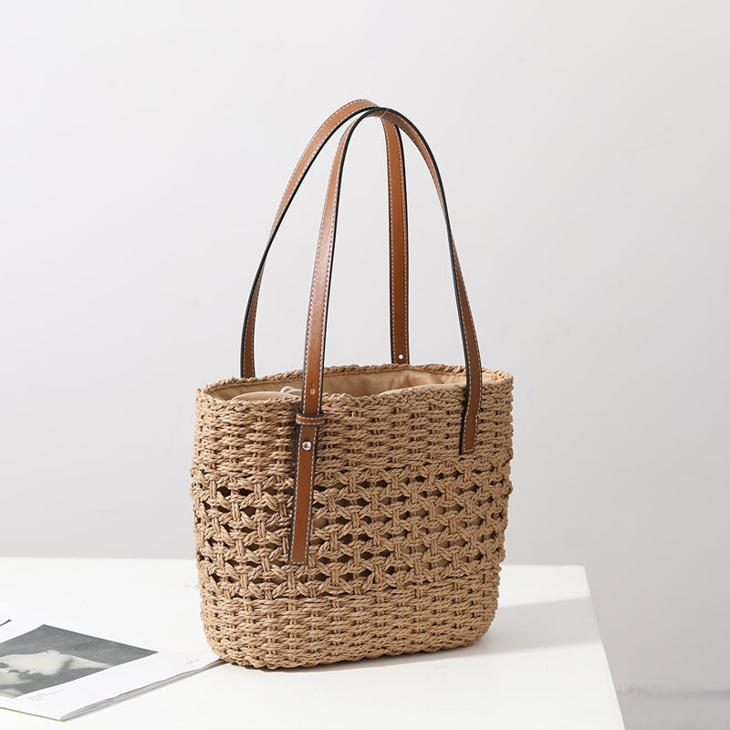 Bolso tejido de paja para mujer, bolso de paja hecho a mano con recortes, bolso tejido, bolso de hombro, bolso tejido de paja portátil, bolso de playa para vacaciones en la playa 