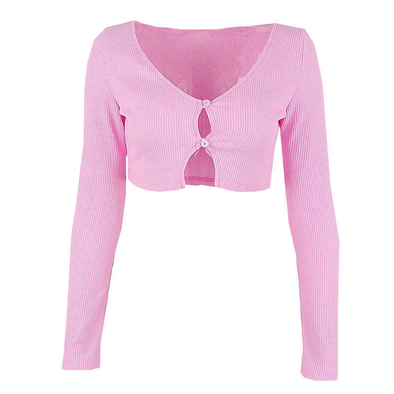 Cárdigan de manga larga con cuello en V sexy de primavera, camiseta ultracorta y ajustada para mujer