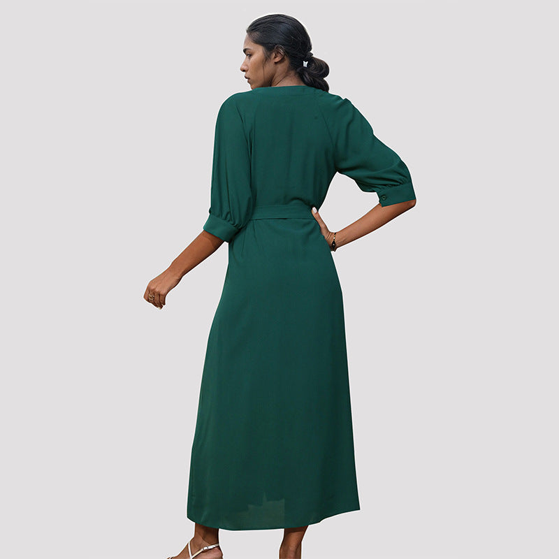 Summer Women Middle Sleeve Green Dress with Belt HUNDRED