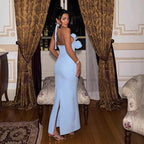 Women Clothing Three Dimensional Floral Sexy Halter Backless Split Dress