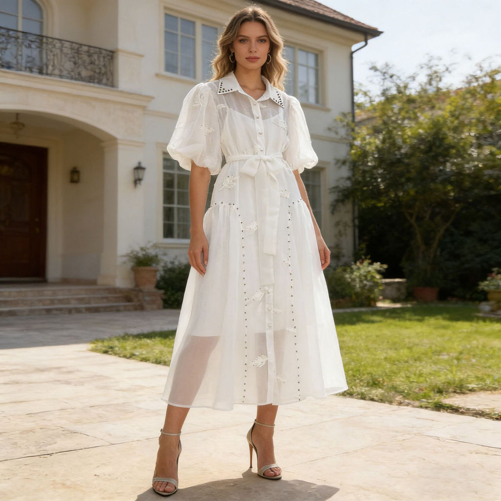 Spring Puff Sleeve Solid Color Waist Tight Collared Patchwork Maxi Dress Two Piece Elegant Dress for Women Sailfish
