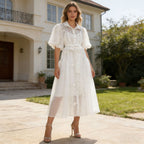 Spring Puff Sleeve Solid Color Waist Tight Collared Patchwork Maxi Dress Two Piece Elegant Dress for Women Sailfish