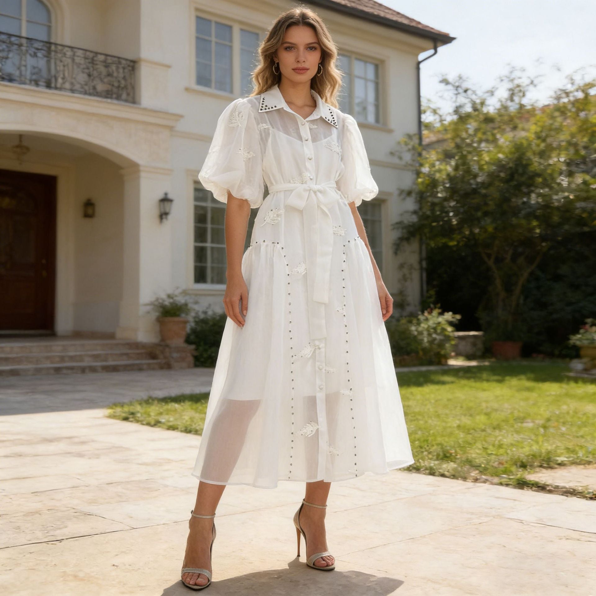 Spring Puff Sleeve Solid Color Waist Tight Collared Patchwork Maxi Dress Two Piece Elegant Dress for Women Sailfish