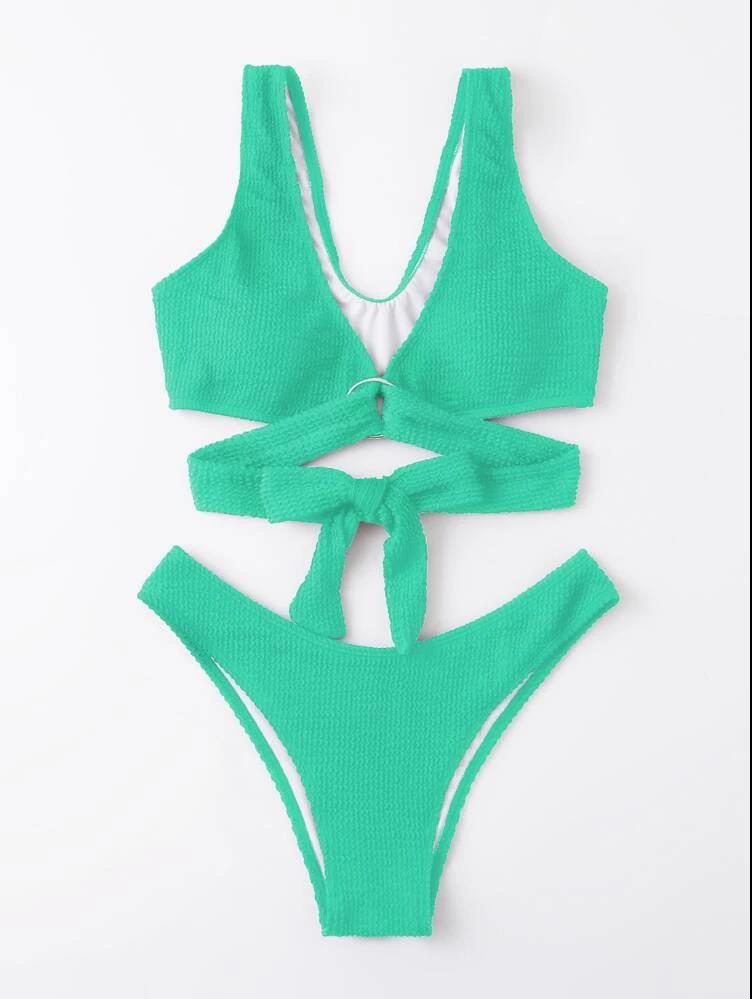 Split Solid Color Bikini Lace-up Sexy Women Swimsuit