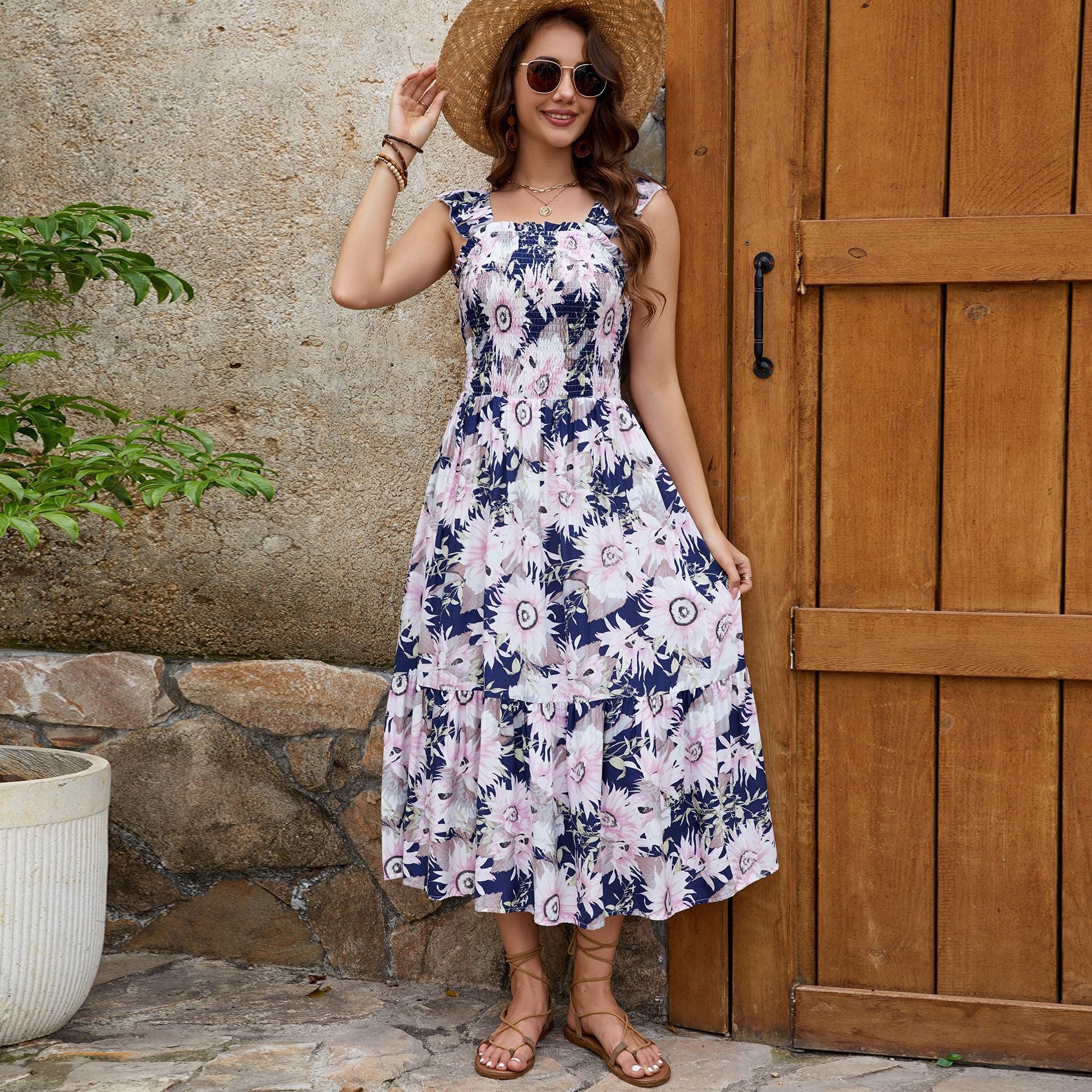 Rayon Ruffle Sleeve Vest Dress Vacation Elegant Big Hem Dress JoyMer