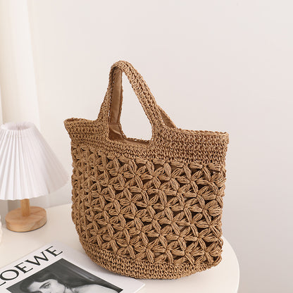 Bolso de paja portátil con recortes florales, bolso tejido de gran capacidad, bolso de playa para vacaciones en la playa, bolso de mano para mujer 