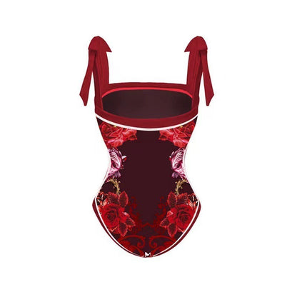 Traje de baño conservador con protector solar para mujer, falda de gasa estampada vintage, bikini