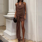 Halter Neck Swing Collar Slip Dress Sexy Commuting Elegant Spring Summer Lace Up Bodycon Dress FOREVEREIGHTEEN