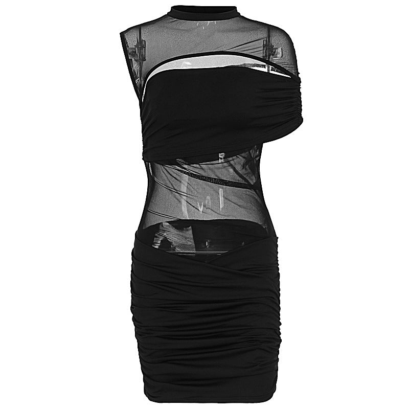 Women Stitching Sexy See through Shoulder Sleeveless Pleated Hip Dress