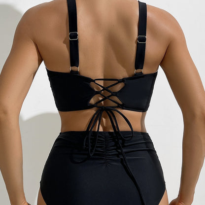 Bikini de color sólido con arrugas y cintura alta, sexy, dividido