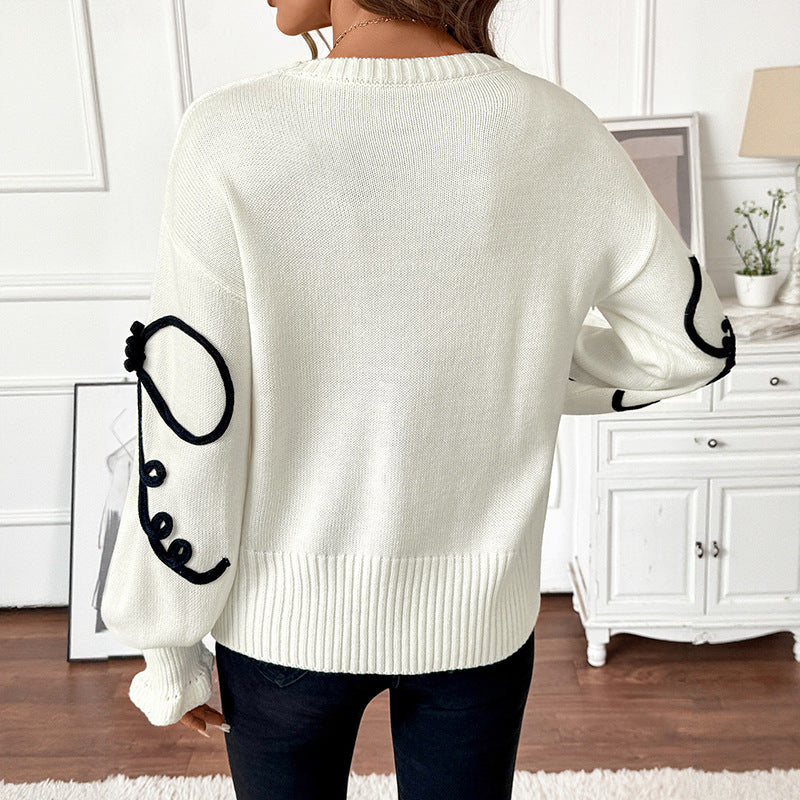 Autumn Winter Cute Sweet Loose Bow Decorative round Neck Sweater for Women