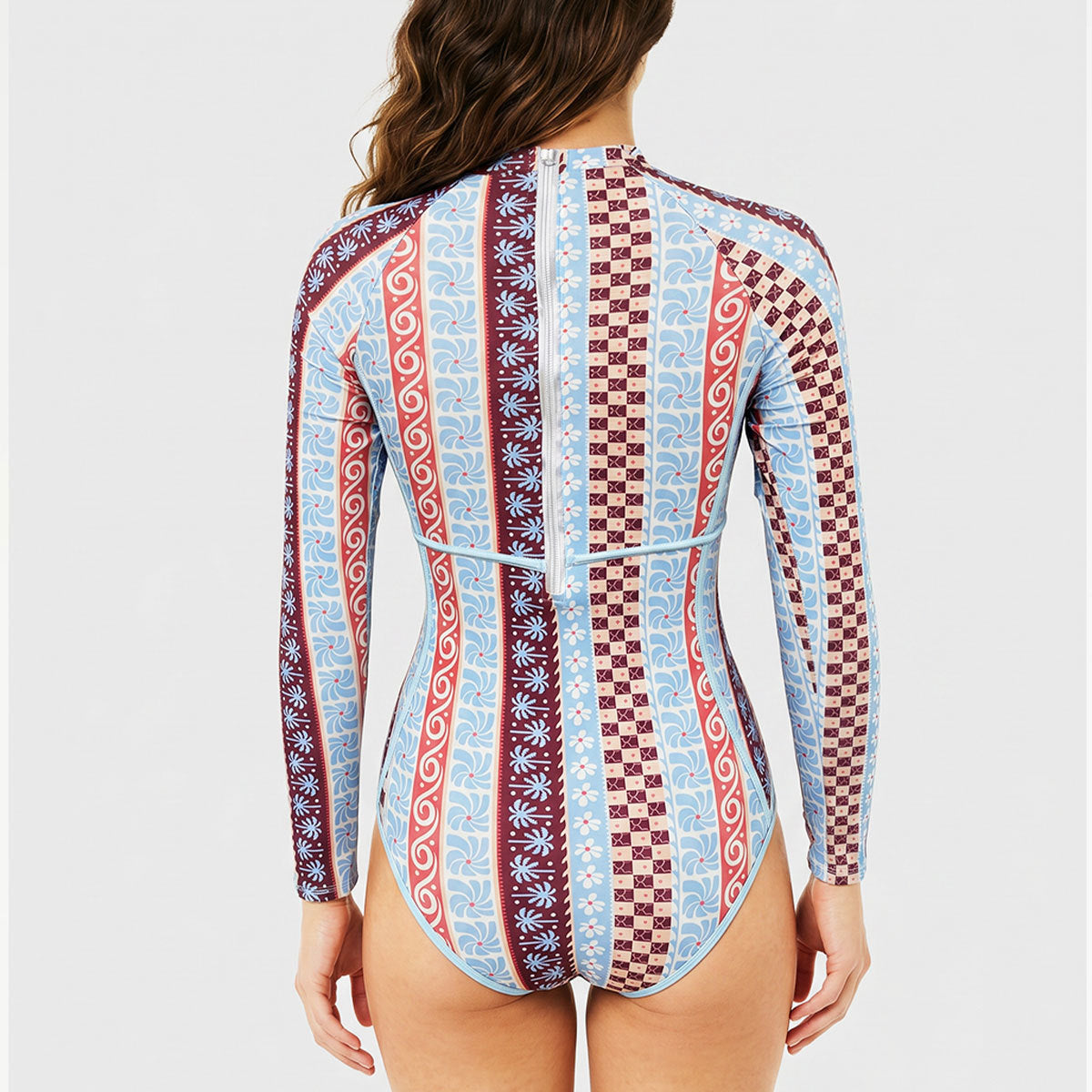 Striped Printed Long Sleeve Zipper Briefs Surfing Set One Piece Swimsuit Women Thunder