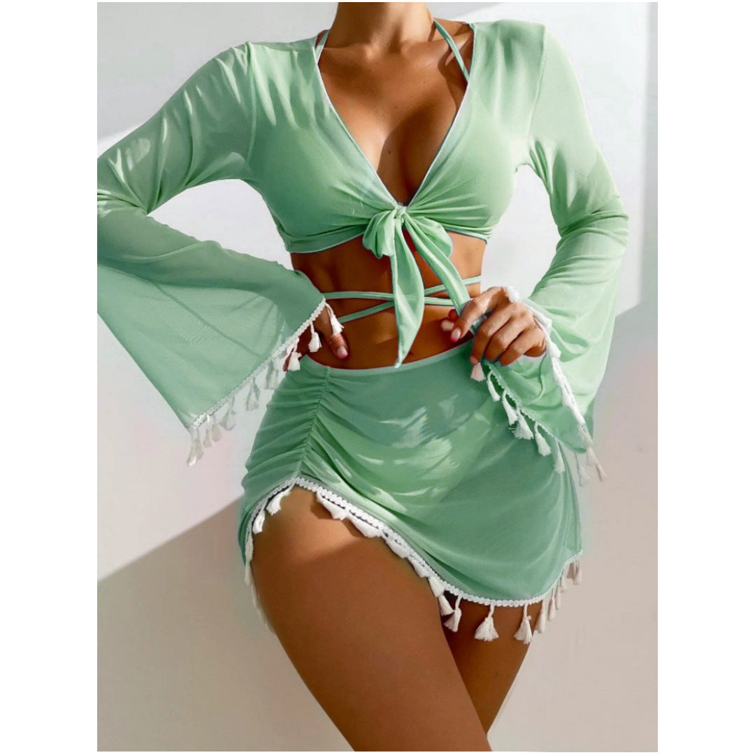 Traje de baño de cuatro piezas con borlas de color sólido, bikini, traje de baño para mujer