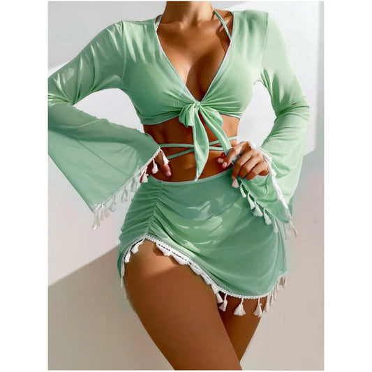 Traje de baño de cuatro piezas con borlas de color sólido, bikini, traje de baño para mujer