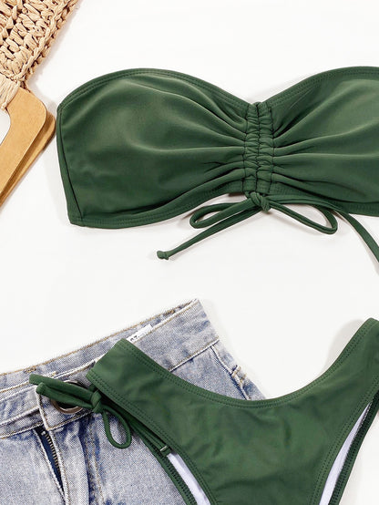 Bikini para mujer, traje de baño separado, bikini sexy plisado de color sólido