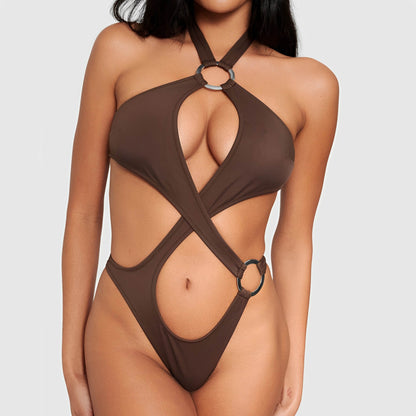 Traje de baño de bikini sexy de color sólido con aberturas y cortes, traje de baño siamés