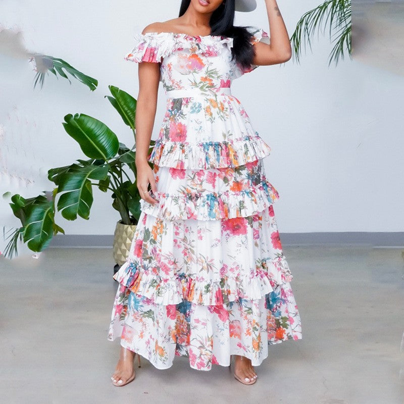Women Summer round Neck Long Sleeve Printed Ruffled Maxi Dress Vacation Dress for Women SCC
