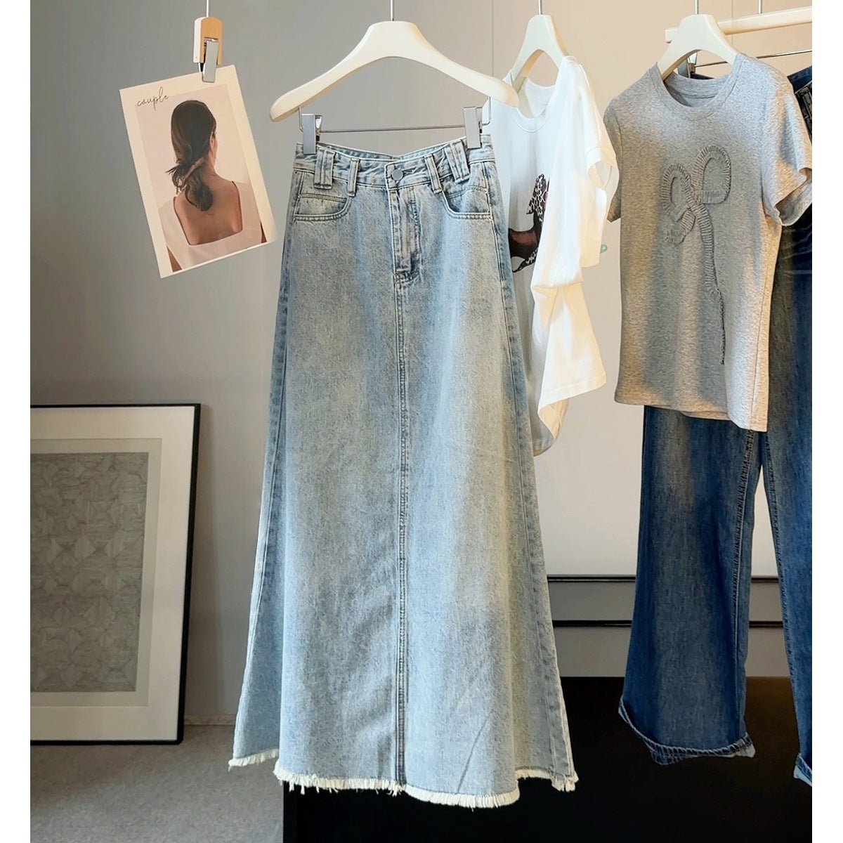 Light Blue Rough Edges Denim Skirt Women Summer Retro High Waist Slimming Sheath Mid-Length A line Fishtail Skirt Sunnygrace