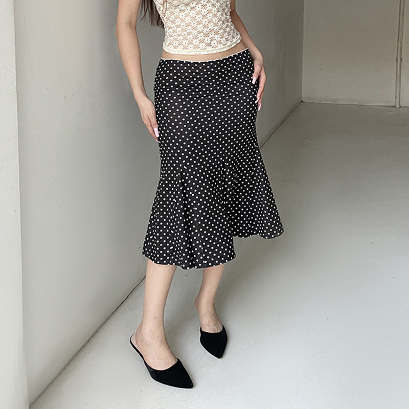Summer French Mid Length Printed Polka Dot Skirt Retro Hip Wrapped Fishtail Skirt LingSharp