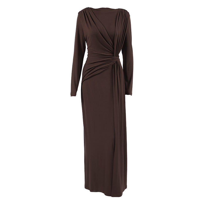 Vestido francés de otoño, vestido largo para mujer, vestido de noche con cintura texturizada y adelgazante.