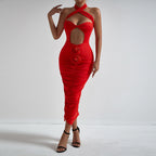 Vestido elegante de fiesta plisado con escote halter, floral, cruzado, a la moda, sexy, con aberturas en el pecho y plisado en la cadera para mujer