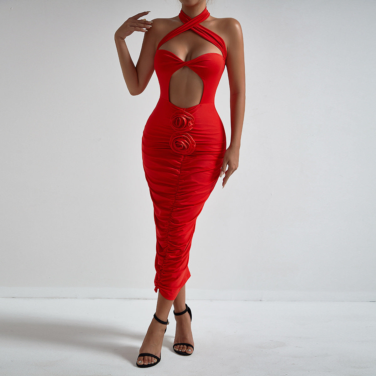 Vestido elegante de fiesta plisado con escote halter, floral, cruzado, a la moda, sexy, con aberturas en el pecho y plisado en la cadera para mujer