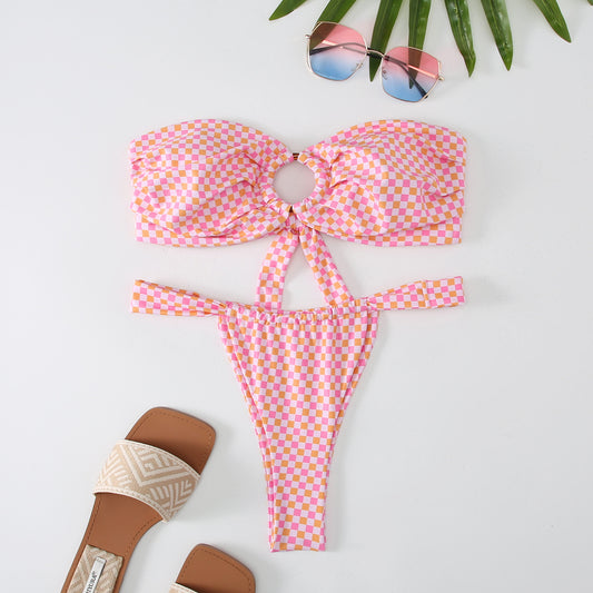 Bikini sexy con cordones y parte superior de tubo dividida para mujer, bikini duradero de alta elasticidad
