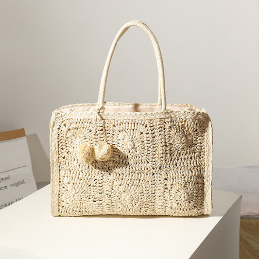 Bolso de paja con recortes huecos, bolso tejido a mano con bolas de pelo de gran capacidad, bolso informal de un solo hombro para mujer, bolso de playa 