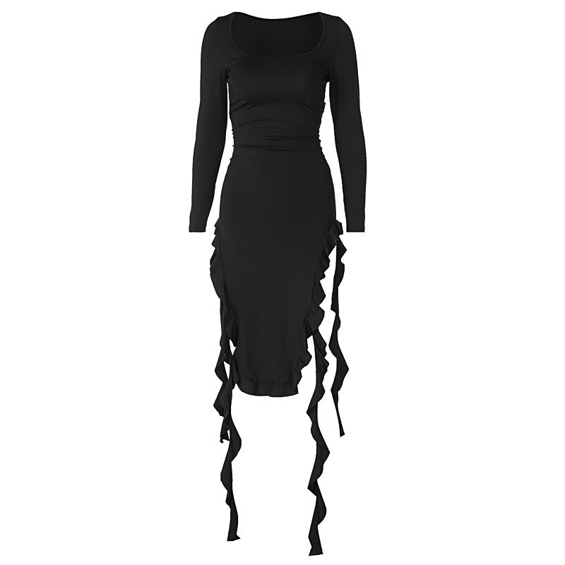 Women Clothing Spring Solid Color U Neck Long Sleeved Slim Fit Stringy Selvedge Dress